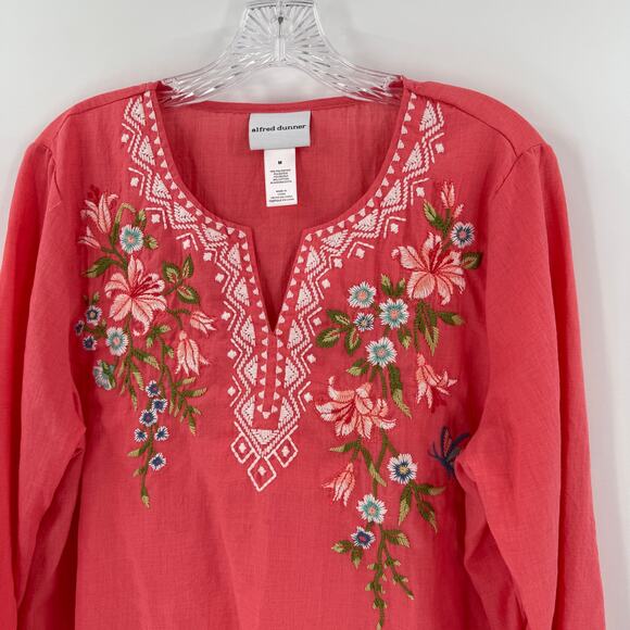 Alfred Dunner Coral Floral Embroidered Peasant Cottage Blouse Women's Medium - Picture 4 of 8
